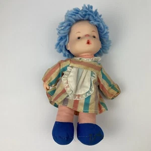Vintage 80s PATAPOUFA Doll Blue Yarn Hair 7" Plush Dress Toy Baby Doll - Picture 1 of 5