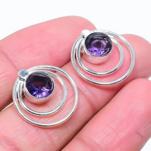 Purple Amethyst Gemstone 925 Sterling Silver Jewelry Stud Earring Size 0.75" - Picture 1 of 1