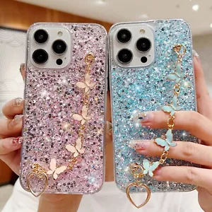 For iPhone Samsung +Butterfly Bracelet Case Bling Glitter Phone Cover Hot Girls - Picture 1 of 13