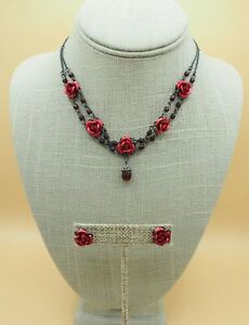 Vintage Signed Jewelry Set Avon Red Roses & Beaded Necklace w Matching Earrings