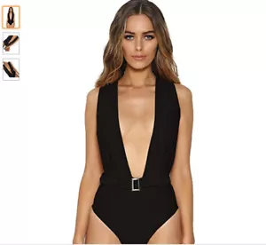 Body nero senza maniche collo profondo a V perizoma body tutina con cintura - Foto 1 di 9
