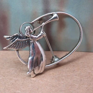 Shout From the Rooftops! Angel with Trumpet Pin Hallmarked 925 Sterling Silver - Imagen 1 de 8