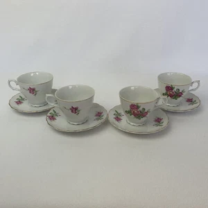 Floral Bone China Teacup & Saucer 8 Piece Blooming Pink Roses Japan Vintage - Picture 1 of 24