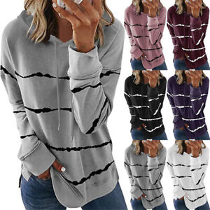 Women Striped Loose Pullover Hooded Sweatshirt Long Sleeve Casual Hoodies Tops ^