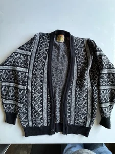 Vintage 80s Geoffrey Beene for Richards Knit Cardigan Sweater Mens L Black Gray - Picture 1 of 8