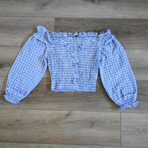 ZARA Women's Gingham Check Off the Shoulder Stretch Smocked Crop Top S Puff - Picture 1 of 7