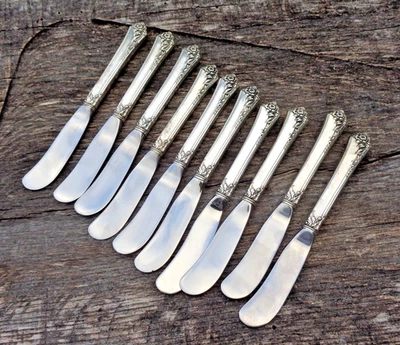 (10) Esparcidores de mantequilla de plata esterlina rosa damasco Heirloom Oneida Foto 1 de 4