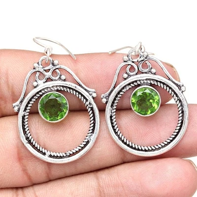 Peridot Quartz Gemstone Handmade Gift For Her Silver Jewelry Earrings 2" - Image 1 of 4