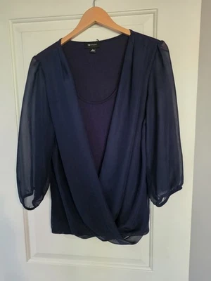 AB Studio Navy Blue Wrap Blouse Womens Size Large Sheer Sleeves Underlay - Image 1 of 4
