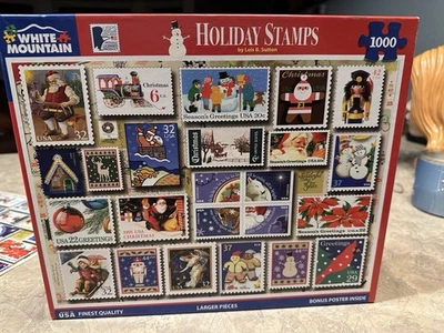 White Mountain Holiday Stamps 1000-pc jigsaw puzzle Complete Puzzle See Photos - Image 1 of 4