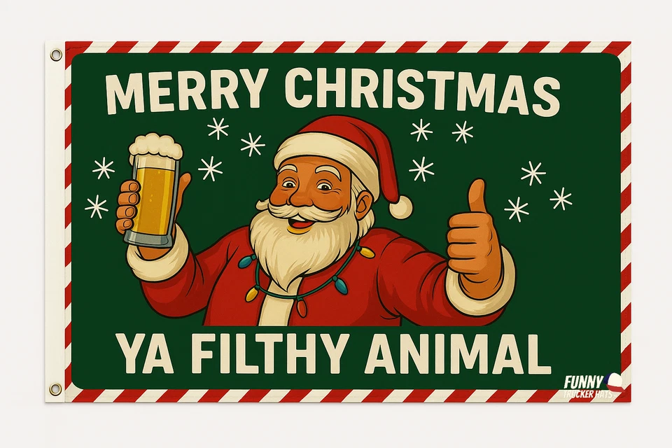 Feliz Navidad Ya Sucio Animal Bandera Divertido Papá Noel Banner Vacaciones Decoración de Pared Foto 1 de 4