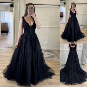 Gothic Wedding Dresses V Neck Glitter A Line Black Lace Appliques Bridal Gowns - Picture 1 of 9
