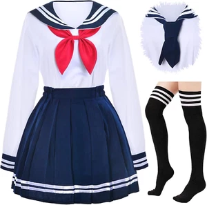 Japanese School Girls Uniform Sailor Navy Blue Pleated Skirt Anime Cosplay Costu - Picture 1 of 12