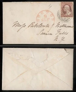 US Sc 25 Rose 3¢ Ty I Tied BOSTON PAID Grid Red BOSTON Sep9(57)CDS Senica Falls - Picture 1 of 1
