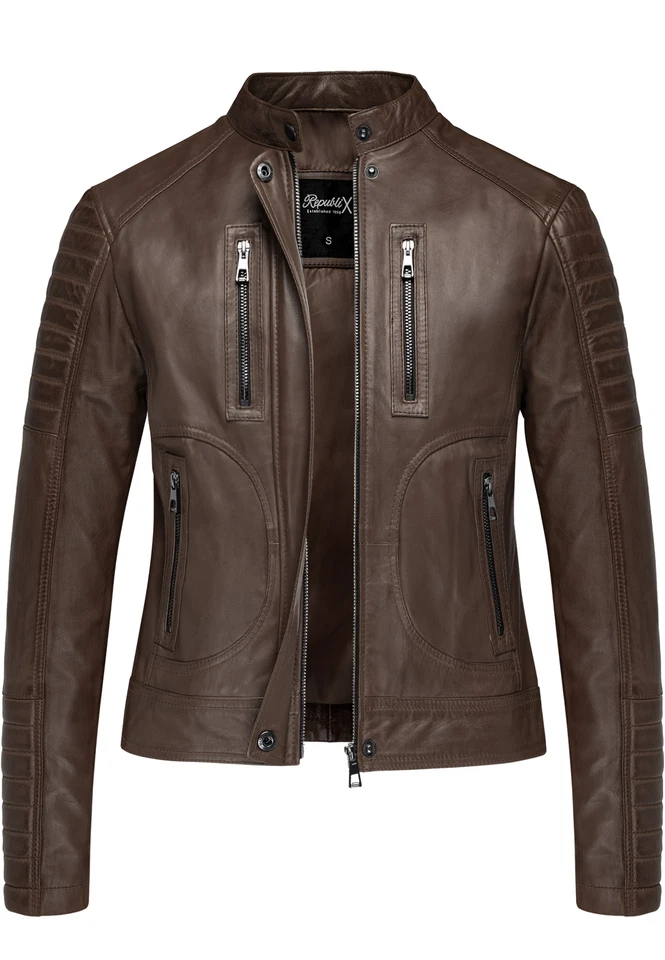MARKENLOS Damen Echtleder Jacke Biker Zipper Lederjacke RJ-8005