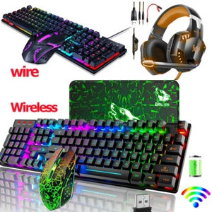 Wireless & Wire Gaming Keyboard and Mouse Combo LED Backlit Rechargeable For PC - Picture 1 of 42
