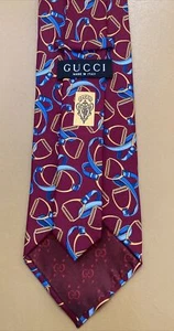 GUCCI 100% Silk Classic Necktie ITALY Luxury Geometric Stirrups Burgundy Red - Picture 1 of 7