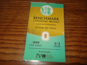 BARRA DE ORO UNA 1/2 GRANO .999 24K CON CERTIFICADO DE AUTENTICIDAD Y NUMERADO (DE UN LOTE DE 14 G-2&G-7 - Imagen 1 de 3