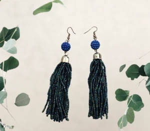 NEW 4” Handmade Beaded Tassel Statement Earrings in Night Sky Navy Vintage Cute - Picture 1 of 2