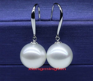 Top natural real 14K GOLD 12-13MM SOUTH SEA round white PEARL Dangle EARRINGS - Picture 1 of 5