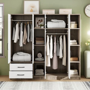 6 Doors Wardrobe Armoire Closet Organizer Cabinet 2 Drawers, Storage Shelves - Picture 1 of 13
