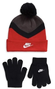 NWT NIKE 2 PC Pom Hat & Mitten Set Black & Red Sz YOUTH 🎁 - Picture 1 of 5