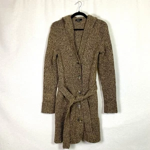Express Cardigan Womens Medium Sweater Hood Button Belt Tie Long Soft Cozy Brown - Picture 1 of 8