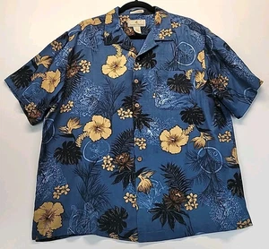 Camicia blu 100% seta hawaiana ibisco floreale casual uomo grande Paradise Coll. - Foto 1 di 7
