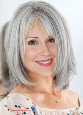 Pelucas de cabello sintéticas hasta los hombros grises mezcla mujeres suaves naturales uso diario Foto 1 de 4