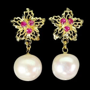 925 Sterling Silver Earrings Round Ruby Pearl Flower Natural Gemstone Jewelry - Picture 1 of 13