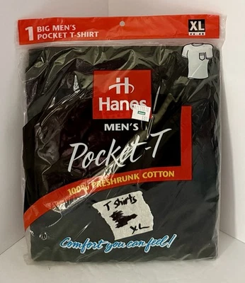 Vintage 90’s Hanes Big Men’s Pocket-T (T-Shirt) XL 46-48 Black Cotton NOS Sealed - Image 1 of 4