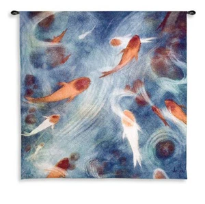 Koi Pond Imported Oriental Fish Blue in Water Woven Tapestry Wall Hanging NEW - Picture 1 of 1