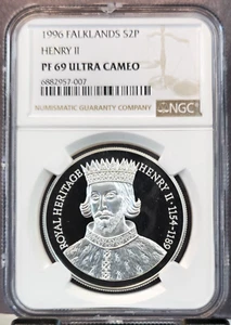 1996 FALKLAND ISLANDS SILVER 2 POUNDS HENRY II NGC PF 69 ULTRA CAMEO TOP POP 1 - Picture 1 of 3