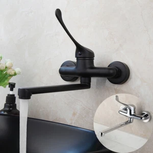 Rubinetto lavabo bagno girevole igiene beccuccio lungo/maniglia miscelatore 2 fori rubinetto montaggio a parete - Foto 1 di 39