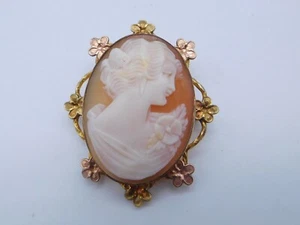 SWEET ANTIQUE GOLD FILLED CARVED SHELL CAMEO MAIDEN LADY FLOWER PIN PENDANT - Picture 1 of 5