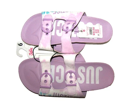 NWT, JUSTICE Girls' Size 6W,  Purple/Buckle/Strap/Slide On Sandals, Cork Footbed - Image 1 of 4