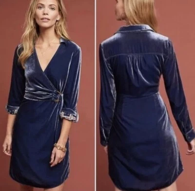 Vestido Anthropologie Maeve Nuevo con Etiquetas Azul Profundo Terciopelo Envolvente 10 Bolsillos Cuello en V Contraste Foto 1 de 4