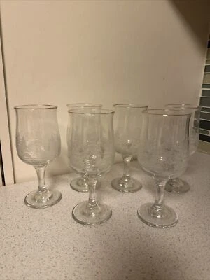 Vintage Libbey Arby’s Winter Snow Scene 6 Wine Glasses Etched Trees Gold Trim — 第 1/3 张图片