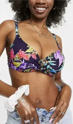 Fig leaves Rio Tropical Underwire Plunge Bikini Top Navy tropical Size Bra 30F - Image 1 of 3