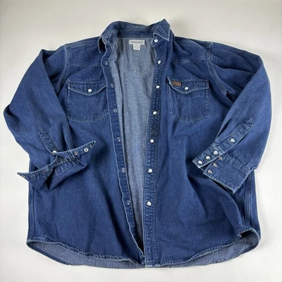 ВИНТАЖНАЯ мужская джинсовая рубашка Carhartt Work с жемчужной застежкой размер XL с тяжелым логотипом Western Work 2007 - Изображение 1 из 4