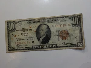 National Currency 1929 10 Dollar Bill Federal Reserve Bank Chicago Paper Money  - Picture 1 of 2