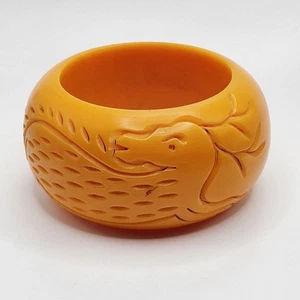 Vintage Huge Orange Galalith Heavy Carved Wide Bangle Bracelet Dragon Casien - Picture 1 of 8