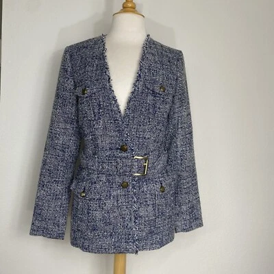 全新 Michael Michael Kors 女式蓝色红色粗花呢格子腰带夹克 尺寸 4 经典 — 第 1/4 张图片