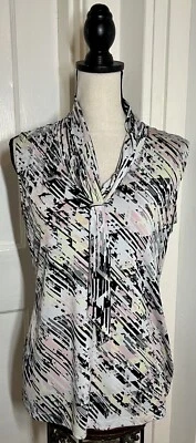 Camiseta sin mangas Tahari Arthur S Levine blanca rosa amarilla negra patrón corbata talla pequeña Foto 1 de 3