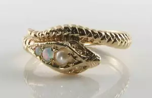 SNAKE 9K 9CT GOLD PEARL OPAL DIAMOND ART DECO INS ETERNITY SNAKE RING FREE SIZE - Picture 1 of 5