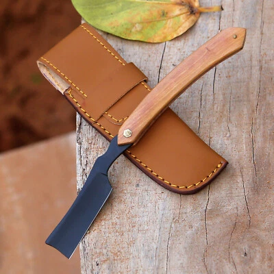 Maquinilla de afeitar recta de acero J2 recubierta negra para hombres barbero mango de madera de olivo Foto 1 de 4