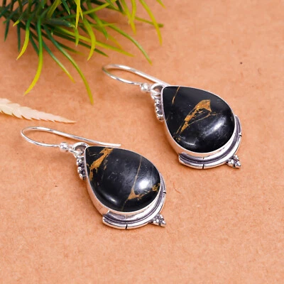 Copper Black Turquoise Gemstone Earring 925 Sterling  Silver Handmade Jewelry. - Image 1 of 4
