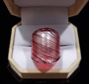 Unique Red w/ ribbons of  Blue, Gold & Silver Hand Blown Glass Bling Ring Sz 8 - Picture 1 of 4