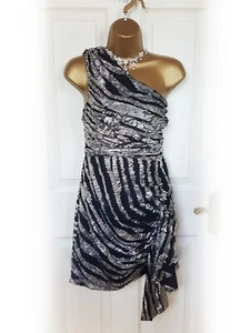 NEW LOOK One Shoulder Black & Silver Sequin Striped Mini Dress, Size 10 - VGC - Picture 1 of 7