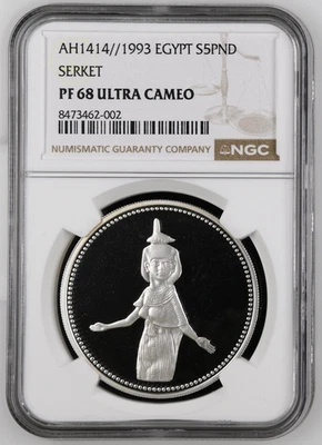 1993 Egypt 5 Pound AH1414 Guardian Goddess Serket Silver Coin NGC PF 68 UC - Image 1 of 4